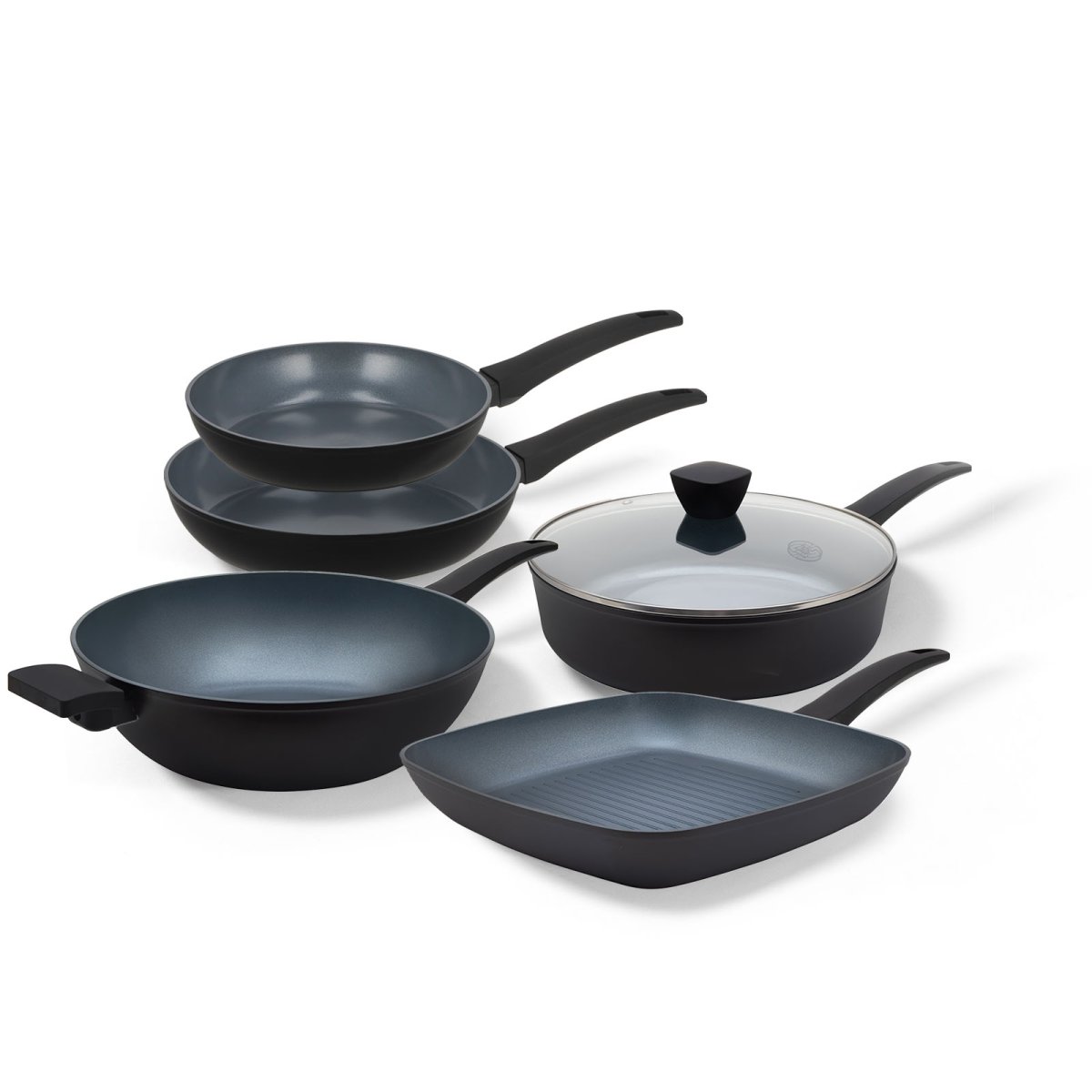 BE Living Delight Series Pannenset 3-delige – Ø 24 cm & 28 cm Koekenpan + Ø 32 cm Wokpan met deksel – Ø 28 Hapjespan – Ø 28 Grilpann