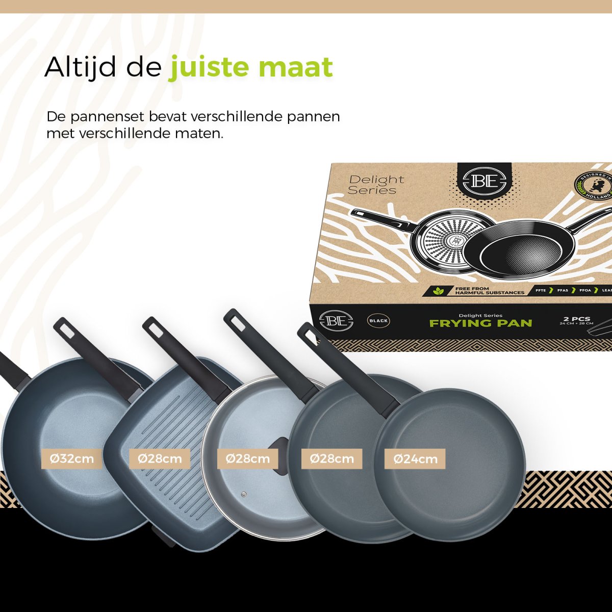 BE Living Delight Series Pannenset 3-delige – Ø 24 cm & 28 cm Koekenpan + Ø 32 cm Wokpan met deksel – Ø 28 Hapjespan – Ø 28 Grilpann - Afbeelding 9