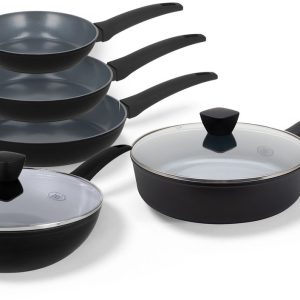 BE Living Delight Series Pannenset 5-delig – Ø 20, 24 & 28 cm Koekenpan – Ø 28 cm Wokpan met Deksel – Ø 28 cm Hapjespan