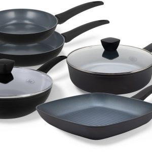 BE Living Delight Series Pannenset 5-delig – Ø 24 & 28 cm Koekenpan – Ø 28 cm Wokpan met Deksel – Ø 28 cm Hapjespan – Ø 28 Grillpan