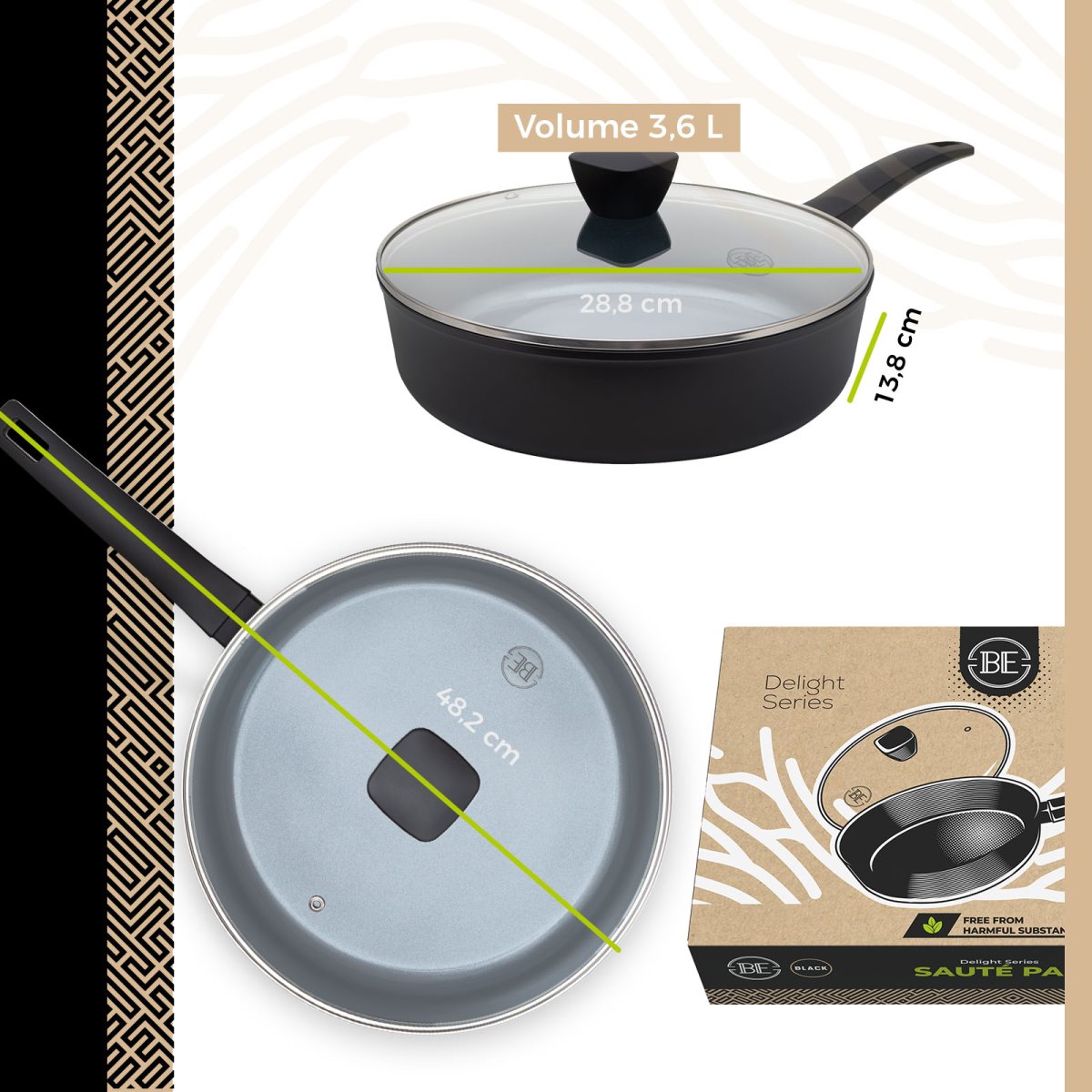 BE Living Delight Series Pannenset 6-delig Koekenpannen Ø 20 cm, 24 cm & 28 cm – Wokpan Ø 32 cm – Hapjespan met deksel Ø 28 cm – Grillpan Ø 28 cm - Afbeelding 9