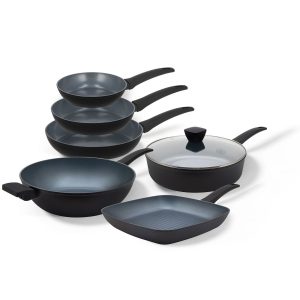 BE Living Delight Series Pannenset 6-delig Koekenpannen Ø 20 cm, 24 cm & 28 cm – Wokpan Ø 32 cm – Hapjespan met deksel Ø 28 cm – Grillpan Ø 28 cm