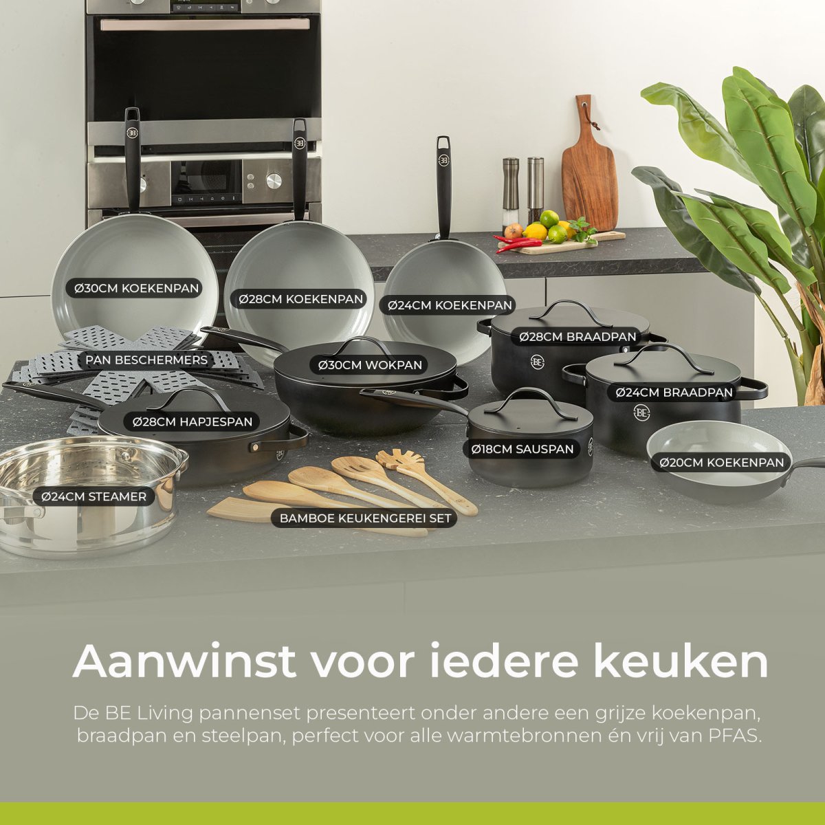BE Living Essential Series Pannenset 3-delige – Ø 24 & 28 cm Koekenpan + Ø 28 cm Hapjespan – Wit - Afbeelding 7