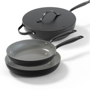 BE Living Essential Series Pannenset 3-delige – Ø 24 cm & 28 cm Koekenpan + Ø 30 cm Wokpan – Zwart