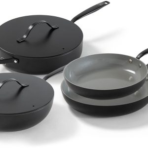 BE Living Essential Series Pannenset 4-delig – Ø 24 & 28 cm Koekenpan – Ø 30 cm Wokpan – Ø 28 cm Hapjespan – Zwart