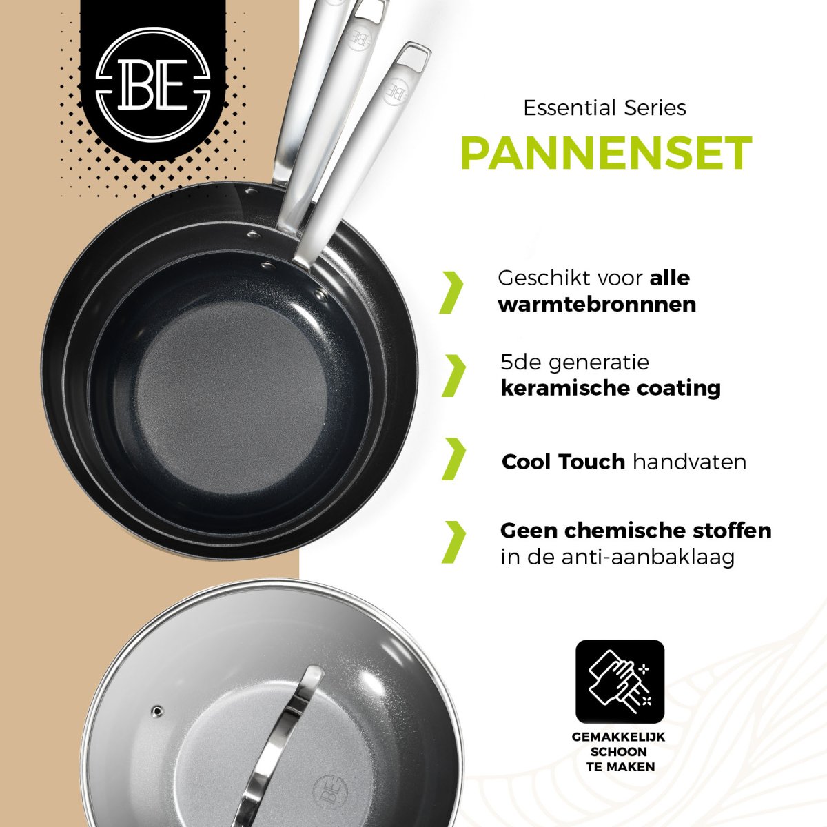 BE Living Essential Series Stainless Steel Black Pannenset 4-delig – Koekenpannen Ø 20, 24 & 28 cm – Wokpan met Deksel Ø 28 cm - Afbeelding 3