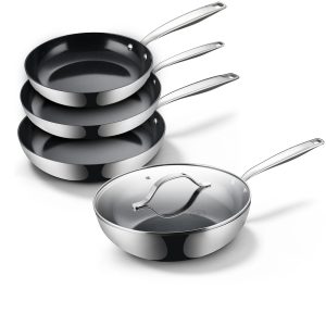BE Living Essential Series Stainless Steel Black Pannenset 4-delig – Koekenpannen Ø 20, 24 & 28 cm – Wokpan met Deksel Ø 28 cm
