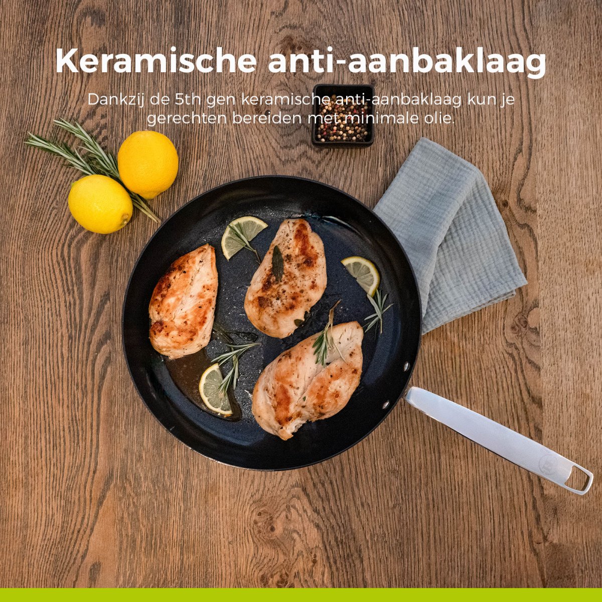 BE Living Essential Series Stainless Steel Black Pannenset 4-delig – Koekenpannen Ø 24 & 28 cm – Wokpan met Deksel Ø 28 cm – Hapjespan met Deksel Ø 28 cm - Afbeelding 5